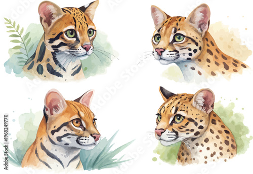 set of Watercolor Ocelot, Jungle Cat Clipart, vector illustration isolated on white background