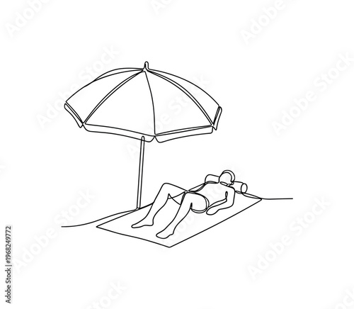 Sunshade at Beach. Minimalistic one-line drawing person relaxing under umbrella on sandy beach, continuous single black line on white background, simple