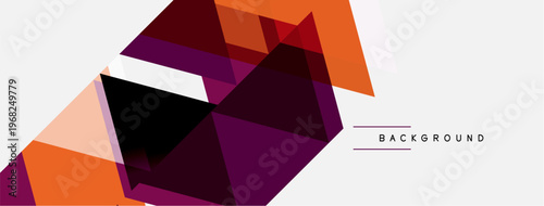 Abstract geometric shapes overlap, creating dynamic composition. Warm colors dominate, contrasted by dark areas. Minimalist design includes text label.