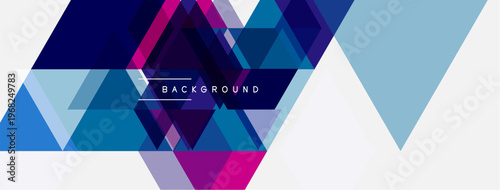 Abstract geometric shapes overlap, creating vibrant colorful background. Modern design features triangles, lines, gradients.