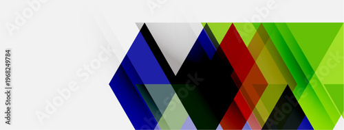 Abstract geometric shapes overlap, creating vibrant color gradients. Design features diagonal lines, modern aesthetic.