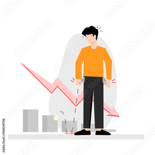 Worried man with empty pockets standing in front of a falling graph, symbolizing economic recession, financial crisis, job loss, and running out of money.
