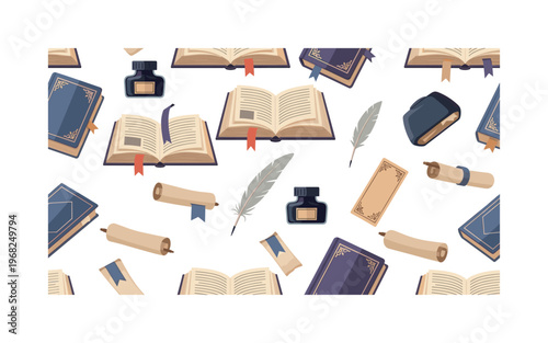 literary patterns seamless pattern, repeating pattern, surface design, textile print, modern illustration of books, reading glasses, open books, bookmarks,