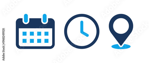 Calendar, clock, and location map pin icon set. Blue flat vector business symbols for time, date, and address representing meeting agendas, event schedules, appointment reminders, and UI design.