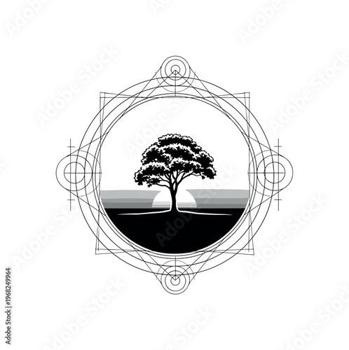 sunset horizon tree geometric rings intersecting lines and minimal sun icon vintage black and white isolated tree with sun dipping behind horizon with white