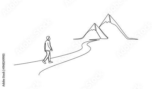 Inner Journey. Minimalistic one-line drawing person walking along path with symbolic mountains, continuous single black line on white background, simple