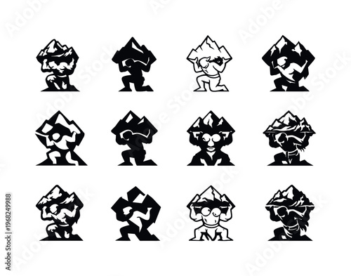A giant carrying a mountain on his back in a fantasy world. Icon set. Set Logo of a giant carrying a mountain on his back in a fantasy world: mythical giant