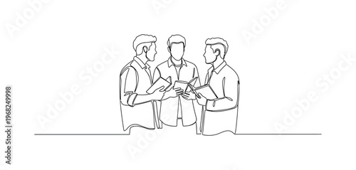 Friends Discussing Books. Minimalistic one-line drawing small group holding books and talking, continuous single black line on white background, simple outline