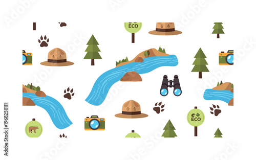 animal protection motifs seamless pattern, repeating pattern, surface design, textile print, modern illustration of wildlife, forests, rivers, ranger hats, paw