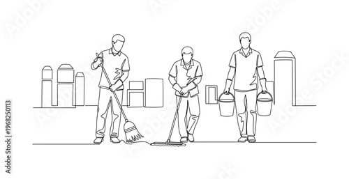 Industrial Cleaning Team. Minimalistic one-line drawing staff with brooms, mop, and buckets in factory, continuous single black line on white background,