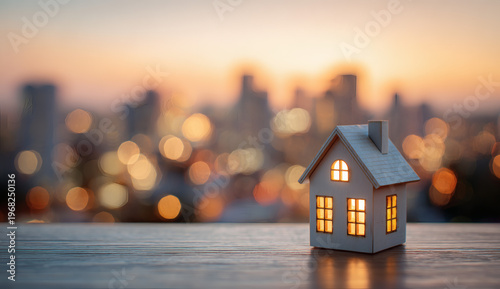 Small model house with glowing windows on a wooden table against a beautiful blurred city skyline at sunset