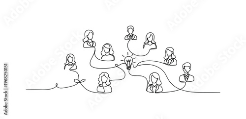 Collective Creativity. Minimalistic one-line drawing people connected by lines sharing ideas to hub, continuous single black line on white background, simple