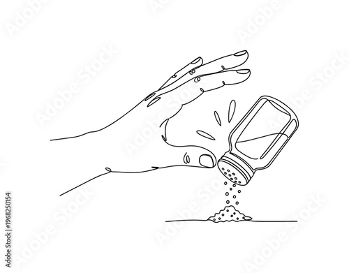 Accidental Spill. Minimalistic one-line drawing hand knocking over salt shaker, continuous single black line on white background, simple outline style, no