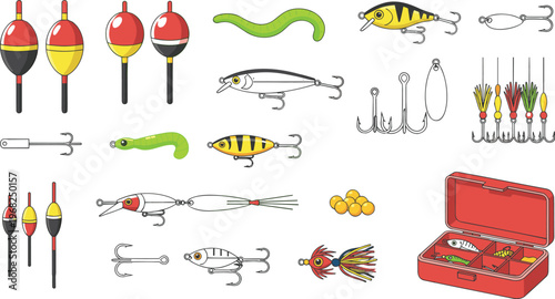 Flat vector illustration of fishing lures and colorful tackle hooks including fish bait bobbers and lures for outdoor sport fishing.