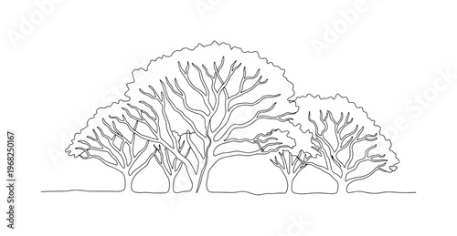 Shadowy Forest. Minimalistic one-line drawing silhouette of trees with twisted branches, continuous single black line on white background, simple outline