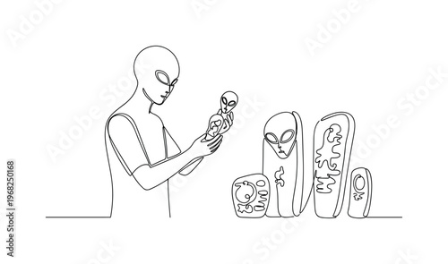 Alien Relics. Minimalistic one-line drawing figure examining ancient extraterrestrial artifacts, continuous single black line on white background, simple