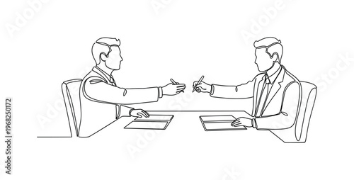 Peace Talks. Minimalistic one-line drawing representatives signing treaties at conference table, continuous single black line on white background, simple