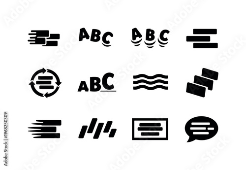 Kinetic Typography. Solid icon set of kinetic typography: moving text lines, animated letters, bouncing typography, sliding words, rotating text, scaling