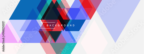 Abstract geometric shapes overlap, creating vibrant colorful background. Triangles dominate composition, offering modern aesthetic.
