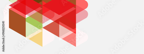 Abstract geometric shapes overlap, creating layered visual effect. Red, orange, beige tones dominate composition. Minimalist design.