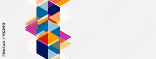 Abstract geometric shapes overlap, creating colorful vertical composition. Minimalist design with triangles, rectangles, squares. Modern aesthetic.