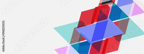 Abstract geometric shapes overlap, creating vibrant color blocks. Red, blue, turquoise dominate composition. Minimalist design.