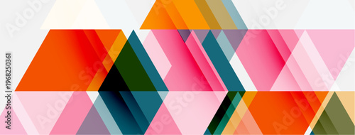 Abstract geometric shapes overlap, creating dynamic colorful pattern. Diagonal lines dominate composition, offering modern aesthetic.