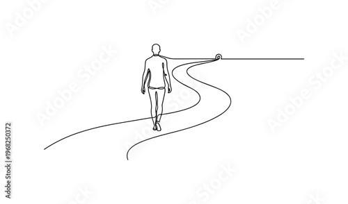 Path of the Spirit. Minimalistic one-line drawing human figure walking along flowing road with distant glow, continuous single black line on white background,