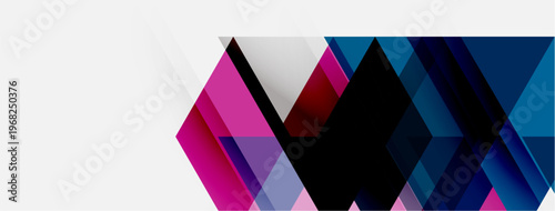 Abstract geometric shapes, vibrant colors, modern design. Pink, purple, blue hues create dynamic composition. Clean lines, minimalist aesthetic.