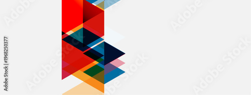 Abstract geometric shapes, vibrant colors, modern design. Composition features overlapping triangles, rectangles, dynamic arrangement.