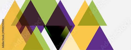 Abstract geometric composition. Overlapping triangles create dynamic visual texture. Colors include gold, purple, green, white. Modern design.