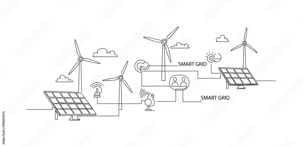 Fototapeta premium Renewable Energy Integration. Minimalistic one-line drawing solar panels, wind turbines, and smart grid connections, continuous single black line on white