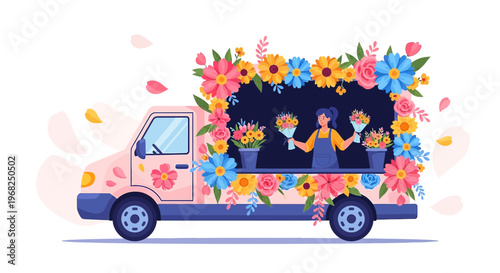 Mobile Flower Shop Truck with Florist and Bouquets