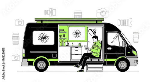 Mobile Photo Studio Van with Photographer Working Inside