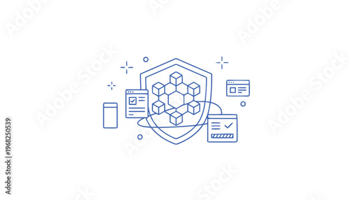 Blockchain Security Shield with Connected Devices Illustration.