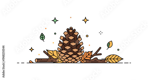 Pinecone forest floor scene where a single pinecone rests among fallen leaves and small twigs while small sparkle and leaf icons emphasize natural texture,