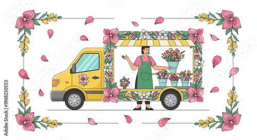 Mobile Flower Shop Truck with Florist and Floral Decorations