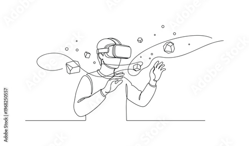 Virtual Reality Experiences. Minimalistic one-line drawing person wearing VR headset interacting with virtual environment, continuous single black line on