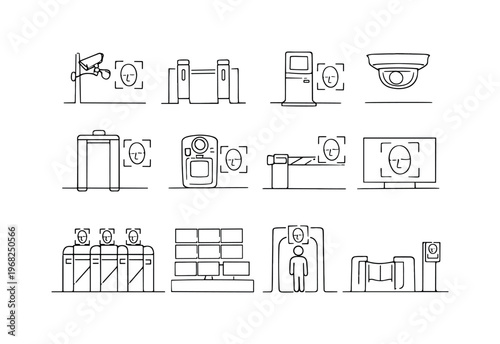 Public Surveillance and Identity Control. Minimalistic set one-line drawing street camera pole with biometric symbol, security checkpoint gate, ID verification