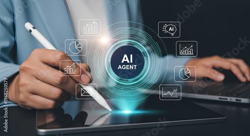 A person using a tablet with an AI agent interface on the screen