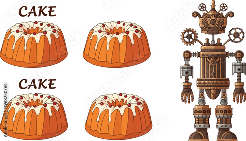 Cake Dessert Set with Glazed Bundt Cakes and Steampunk Robot Character Vector Illustration Collection for Food and Fantasy Design