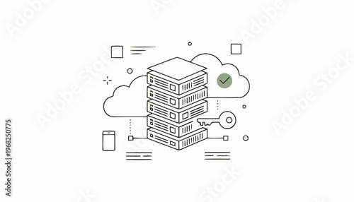 Cloud Server Data Storage with Key and Security Checkmark.