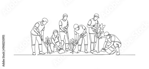 Eco Volunteer Scene. Minimalistic one-line drawing individuals working together to plant trees in soil, continuous single black line on white background,