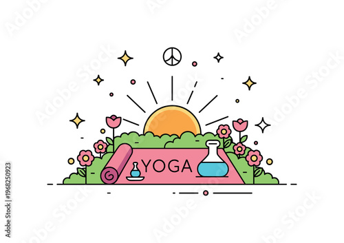 Yoga at sunrise garden meditation scene where a mat and small props are surrounded by flowers and sunlight while small sparkle and line icons emphasize peace,