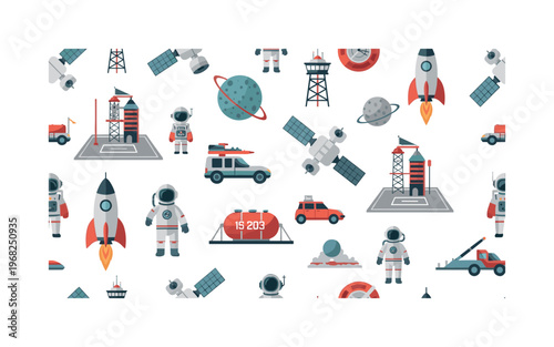 interstellar icons seamless pattern, repeating pattern, surface design, textile print, modern illustration of rockets, astronauts, satellites, launch pads,