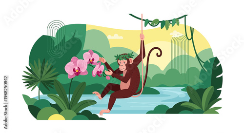 Monkey Swinging on Vine in Lush Tropical Jungle with Orchids