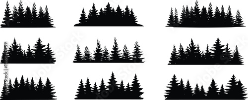 Evergreen pine forest silhouette set, black conifer tree skyline collection for woodland landscape background, nature vector illustration isolated