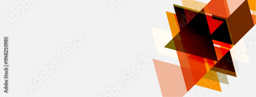 Abstract geometric shapes overlap, creating warm color gradients. Design features orange, brown, yellow tones on white background.