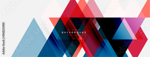 Abstract geometric design. Overlapping triangles create dynamic composition. Red, blue, white colors dominate visual space. Modern aesthetic.