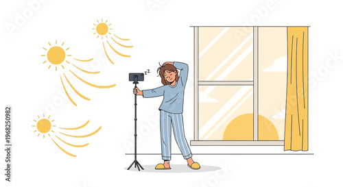 Morning Routine: Woman Filming Sunrise Yoga with Phone on Tripod